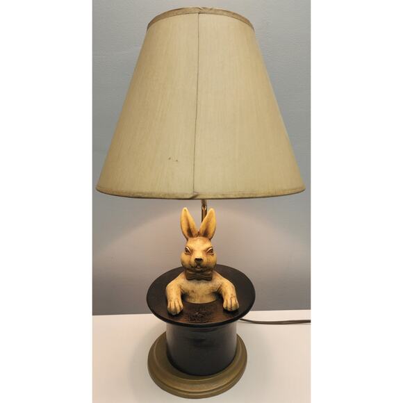 Vintage Whimsical Rabbit in Hat Table Lamp – Brass & Rustic Gold Base, 22" Tall - Picture 1 of 16